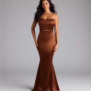 Windsor Brown Strapless Ruched Gown for Wedding Guest